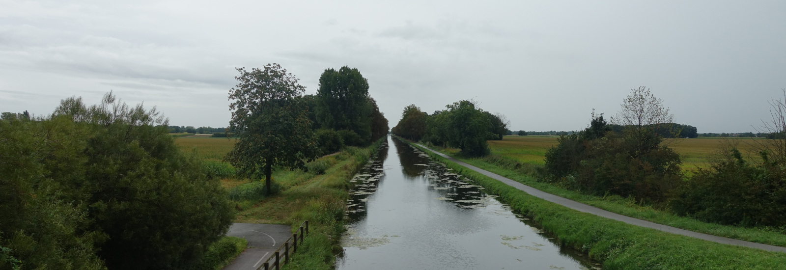 Rhein-Rhone-Kanal, rechts und links Bäume, Sträucher und Felder. Der Himmel ist bewölkt