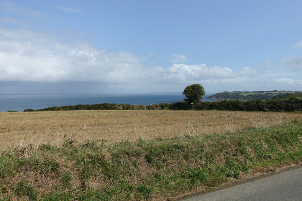 Blick von der Strasse über einen Acker in eine Bucht. Im Hintergrund ist ein Baum zu erkennen und auf dem Meer eine Regenwolke. Der Himmel ist ansonsten aber strahlend blau.