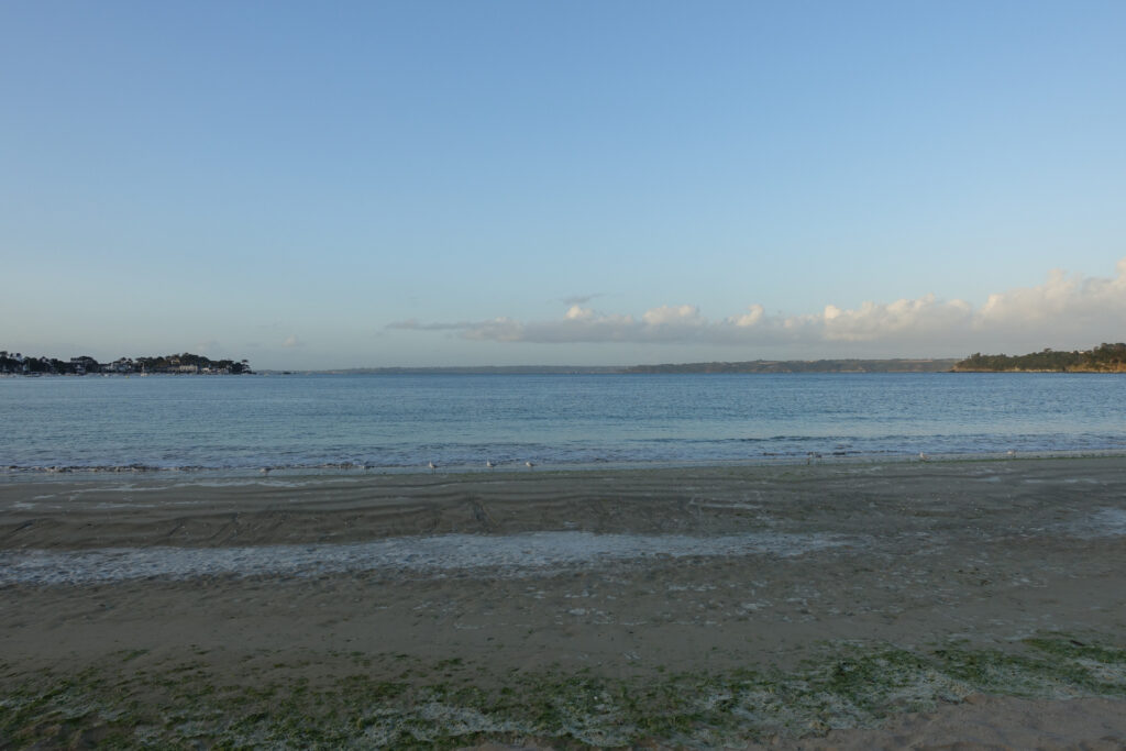 Abendstimmung in der Meeresbucht von Locquirec. Im Vordergrund Sandstrand und Möwen. Im Hintergrund das Meer, die Ränder der Bucht. Am Himmel vereinzelt weisse Wolken.