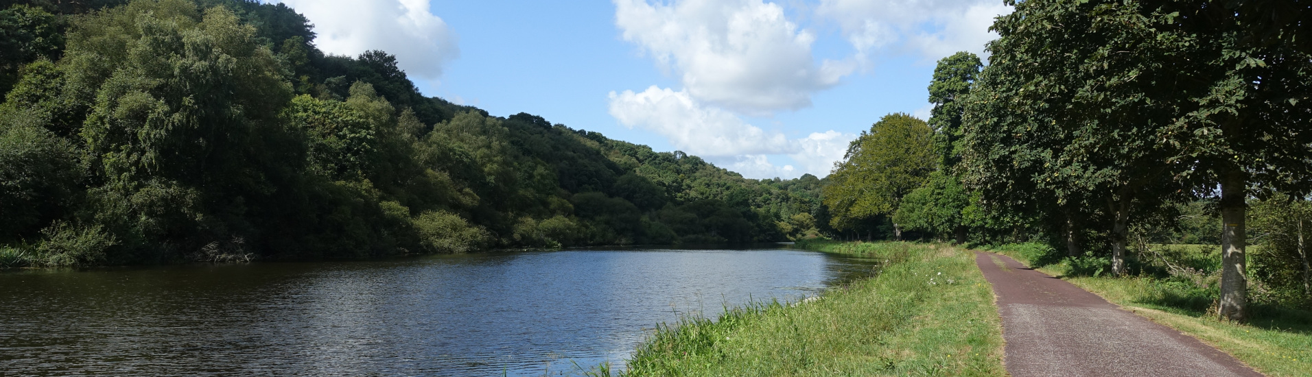 Kanal gesäumt von Wald auf der linken Seite und dem Veloweg auf der rechten Seite