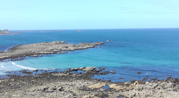 Küstenbild. Felsen umgeben von klarblauem Wasser. Der Himmel ist hellblau.