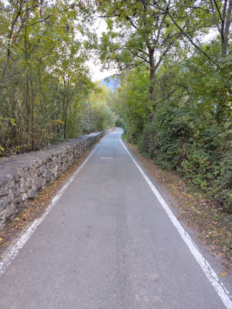 Asphaltierte schmale Strasse, die als Radweg dient. Auf der linken Seite wird der Radweg durch eine Bruchsteinmauer und Bäumen begrenzt, auf der rechten Seite nur durch Bäume.